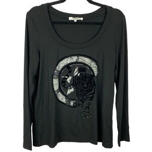 Vitrin Design Textured Rose Long Sleeve Crew Neck Top Large Black